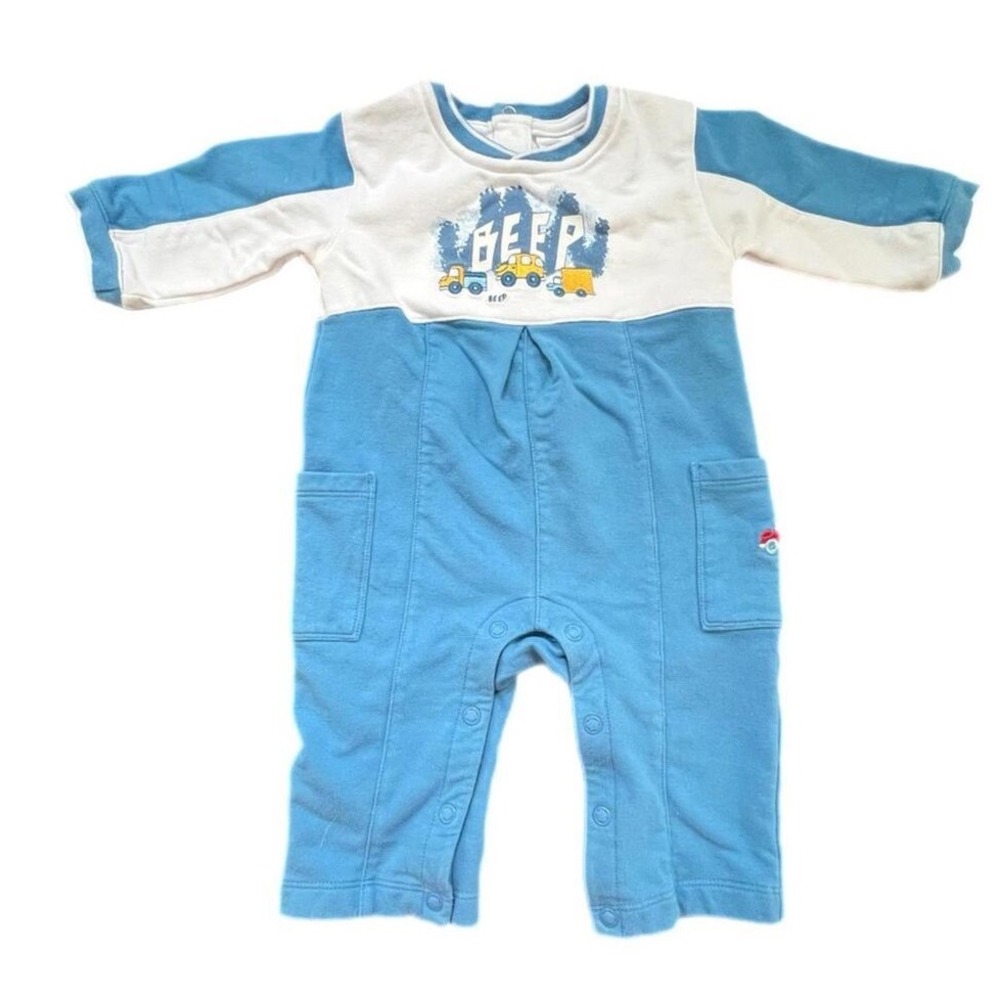 Starting Out Blue and White Romper with‎ Truck Graphic Beep Snap 6M